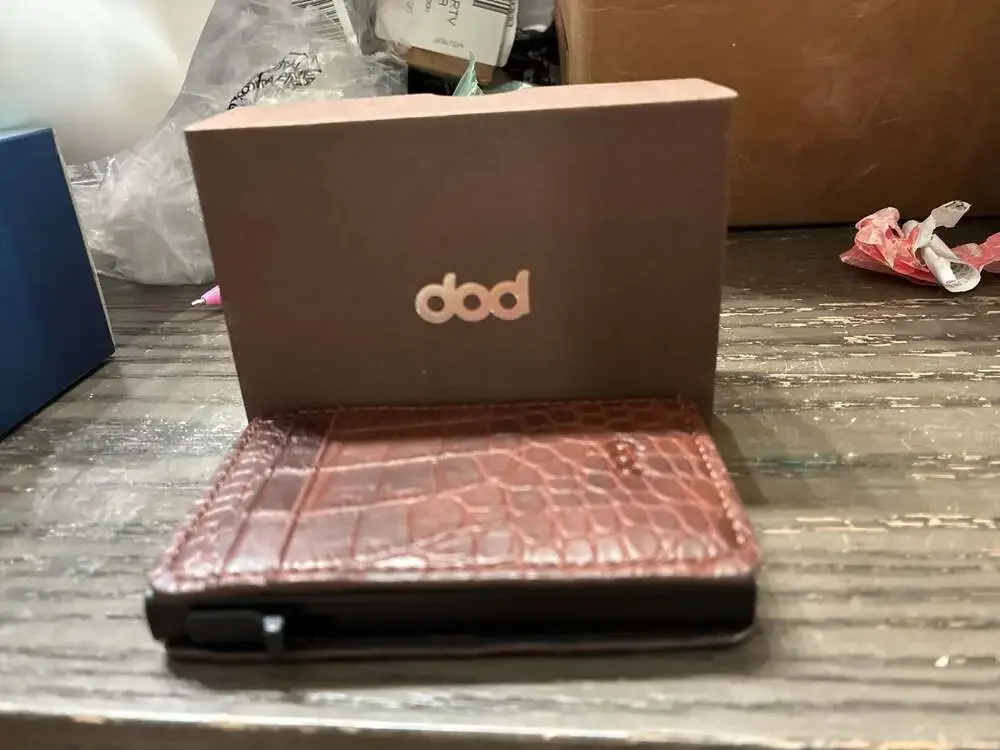 DOD Brown Embossed Leather RFID Blocking Pop-Up Credit Card Holder Wallet